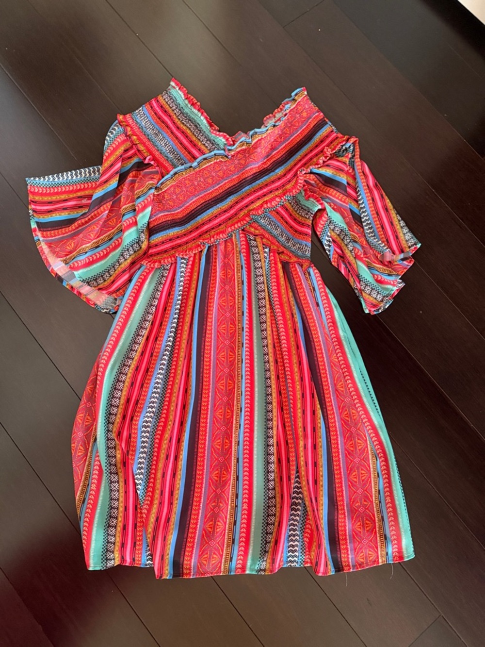 Off-Shoulder Multicolor Stripe Dress - Vibrant Red
